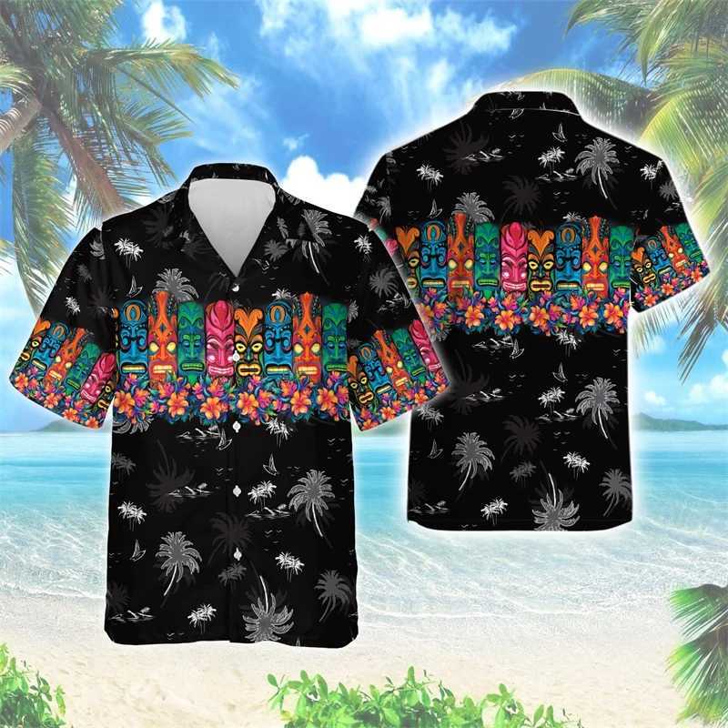 YLPG Men's Casual Shirts Hip Hop Hawaiian Tiki Mask 3D Printed Beach Shirt Harajuku Fashion Shirts For Men Clothes Polynesia God Short Sleeve Aloha Tops 240424