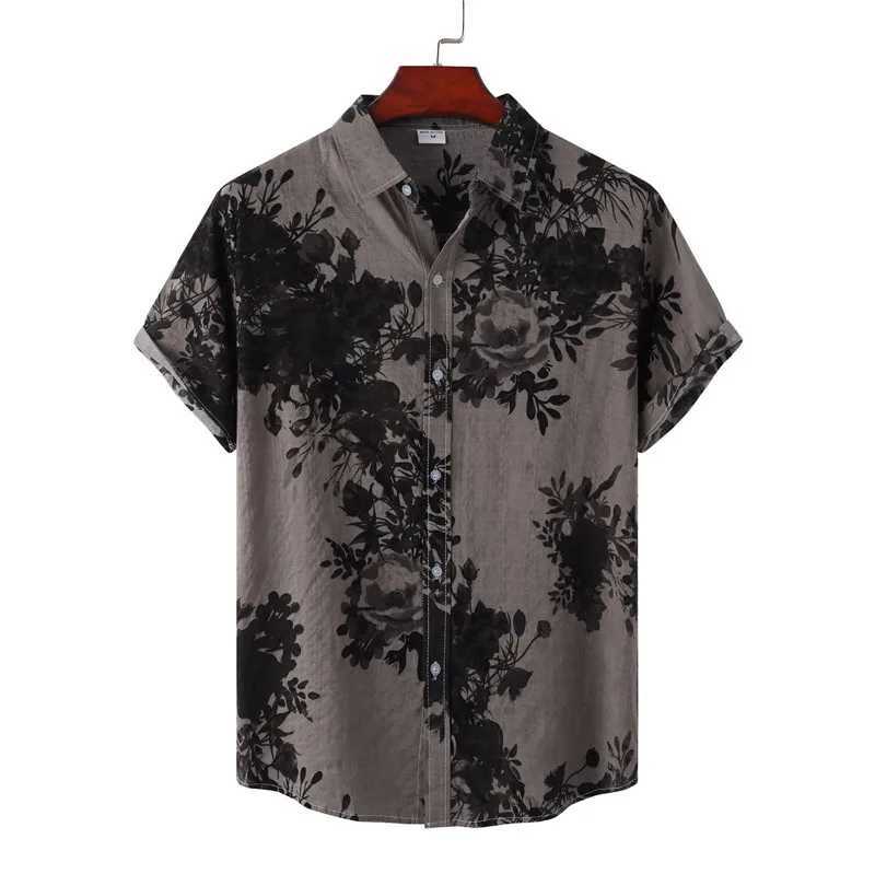 Men's Casual Shirts Gray Retro Hawaiian Floral Shirt Men 2023 Brand Casual Short Sleeve Button Up Beach Shirts Men Daily Holiday Vacation Clothing 240424