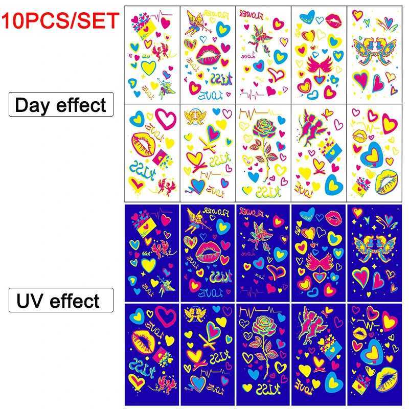 문신 전이 형광 얼굴 문신 스티커 나비 사랑 꽃 입술 거짓 문신 UV 글로우 어둠 축제 가장 무도회 파티 BOD 240426