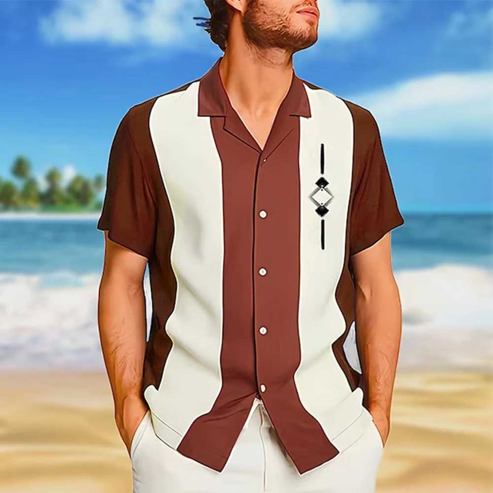 Mäns casual skjortor herrar toppar mens skjortor hawaiian lös skjorta polyester vanlig kort ärm randig sommar vintage bowling semester 240424