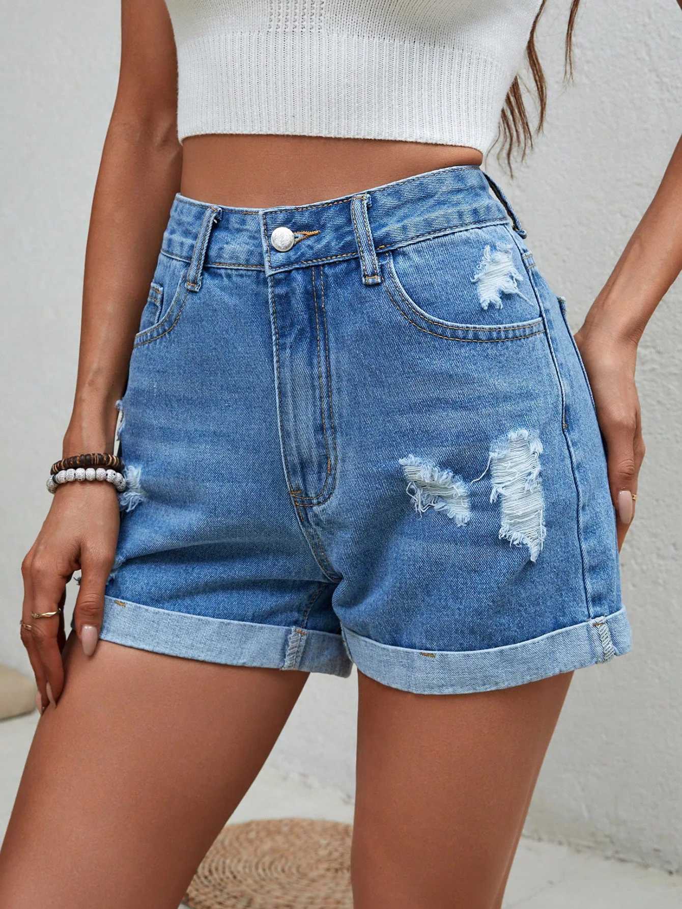 Women's Shorts 2024 Summer New Womens High Waist Fashion Hemmed Denim Shorts Hole Jeans Y240425