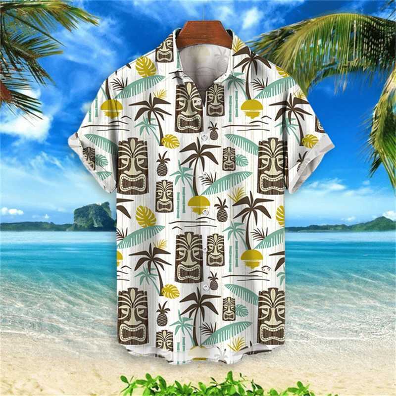 Men's Casual Shirts Fashion 3D Tiki Print Shirt For Men Hip Hop Trend Harajuku Hawaiian Shirt Summer Hot Sale Lapel Blouse Casual Loose Short Sleeve 240424