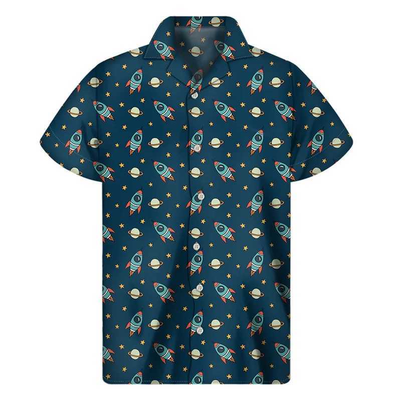 LZNL Men's Casual Shirts Cartoon Rocket Stars 3d Imprimé Shirt Men Vacation Summer Loose Short Manches Hawaiian Tee-Shirts Button Blouse Aloha Blouse 240424