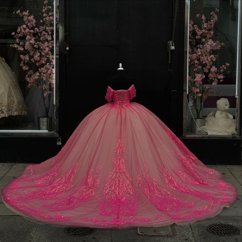 Rose Red Glitter Quinceanera klänning från axelbollklänningen spets applikation pärlor tull korsett söta 16 vestido de 15 anos