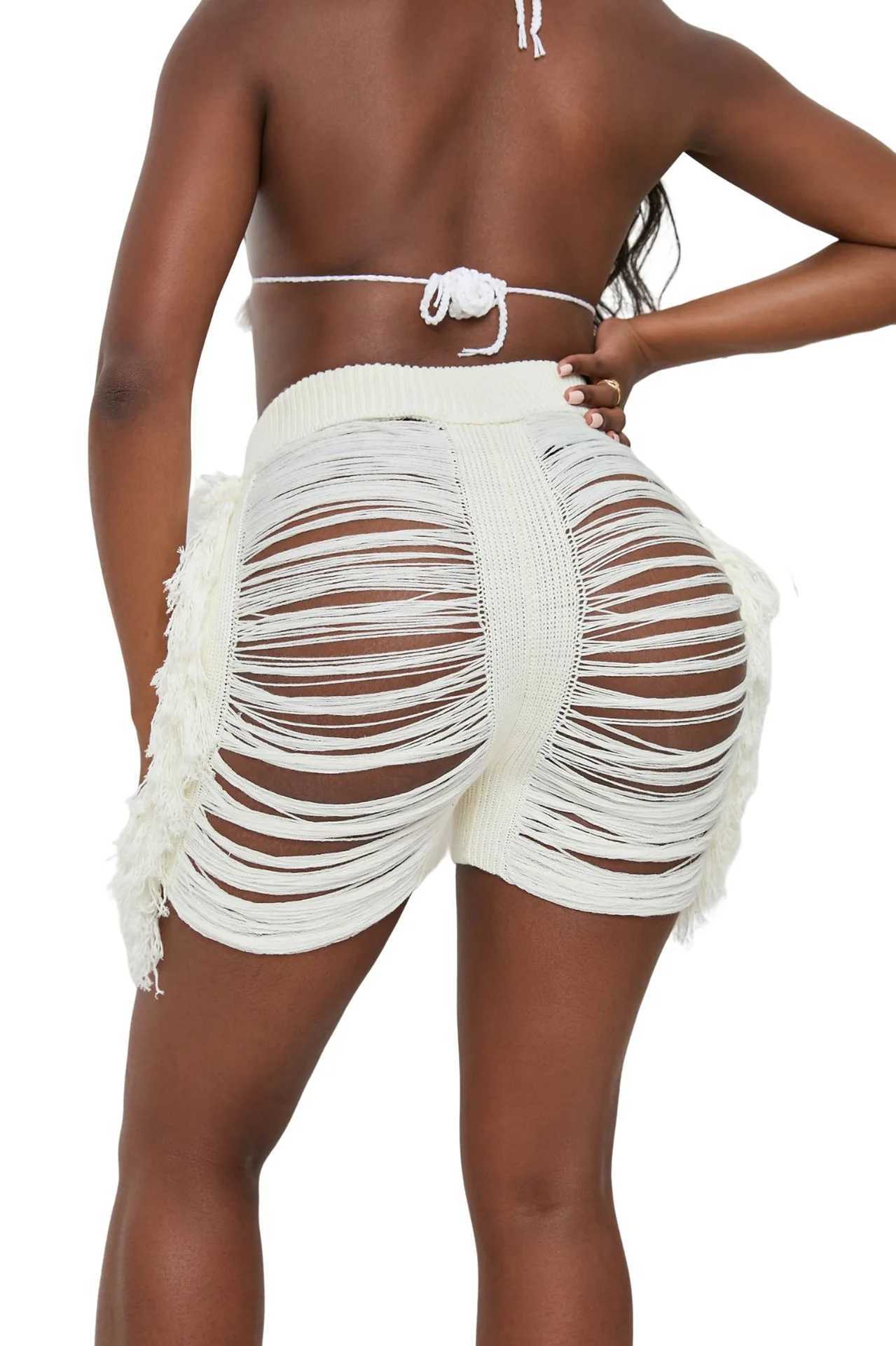 Women's Shorts 2022 New Summer Womens High Waist Knitted Wool Tassel Hollow Out Shorts Beach Style Black White Y240425