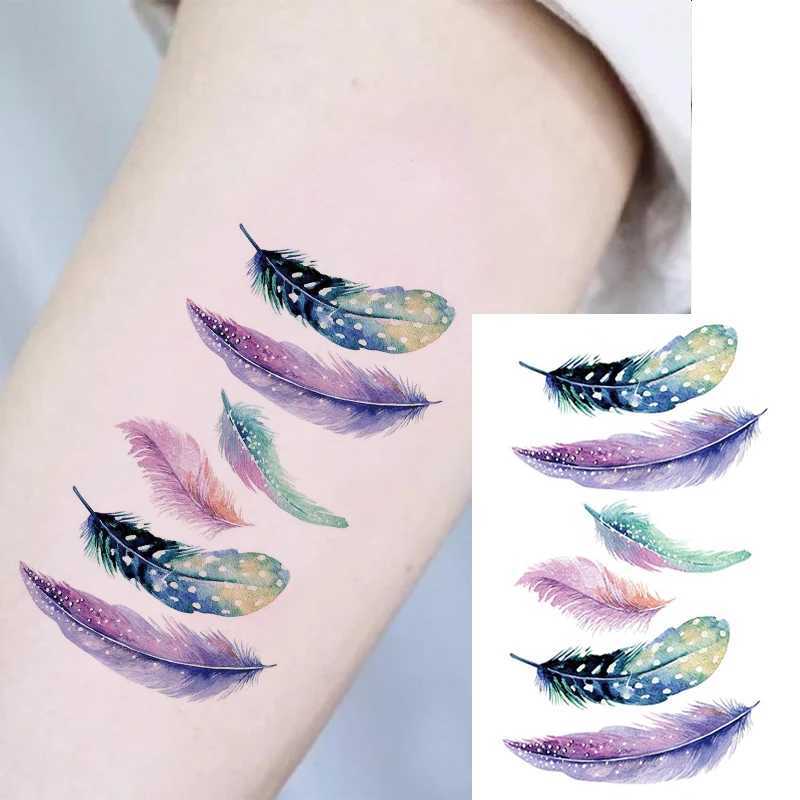 Jkkn tattoo overdracht kleine waterdichte tijdelijke tattoo sticker kleurrijke veren bloem bladeren planeet maan vrouwen lichaam kunst pols nek nep tattoos mannen 240426