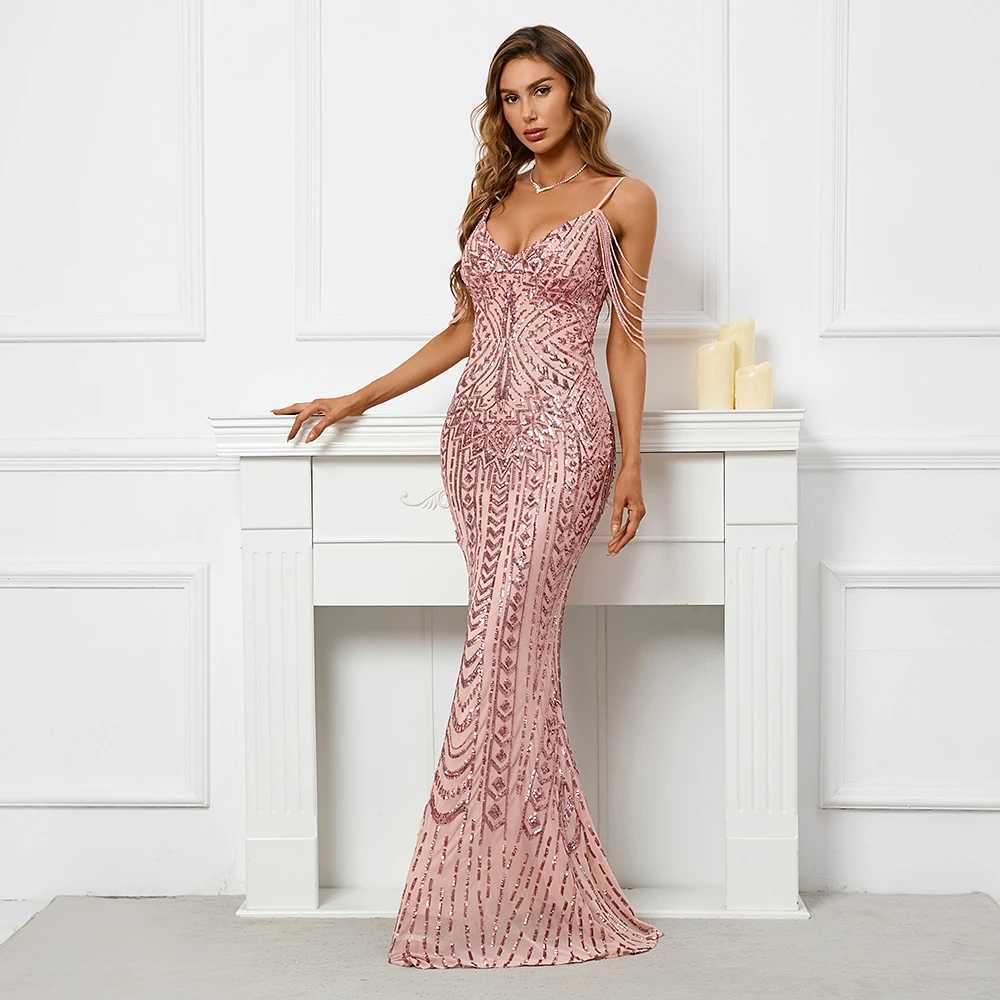 Runway Dresses YIDINGZS Women Sequin Dress Strap Beading Party Maxi Dress Sexy V Neck Evening Dress Long Prom Dress Y240426