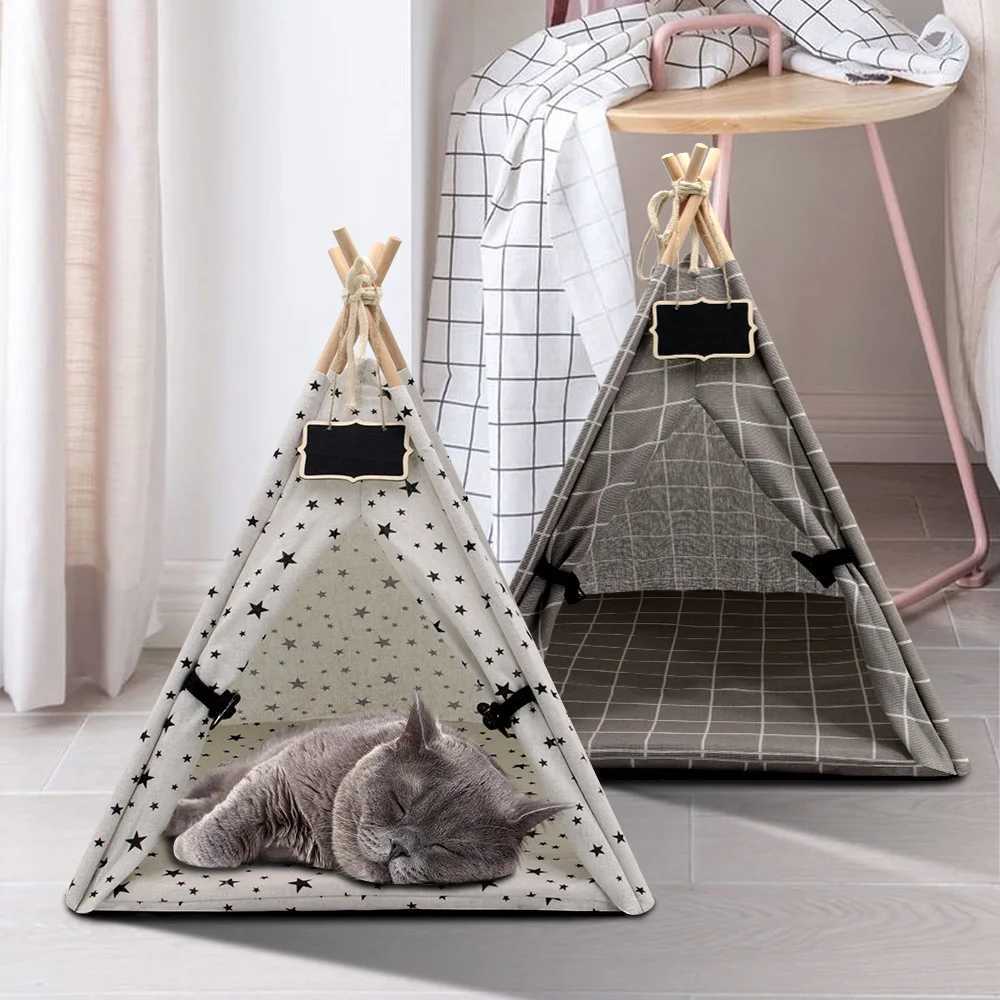 Cat Carriers Crates Houses Pet Tent House Cat Bed Bortable Teepee Tjock Mat kan användas för hundar Valpar utomhus inomhus bärbara linne husdjur tält leveranser 240426