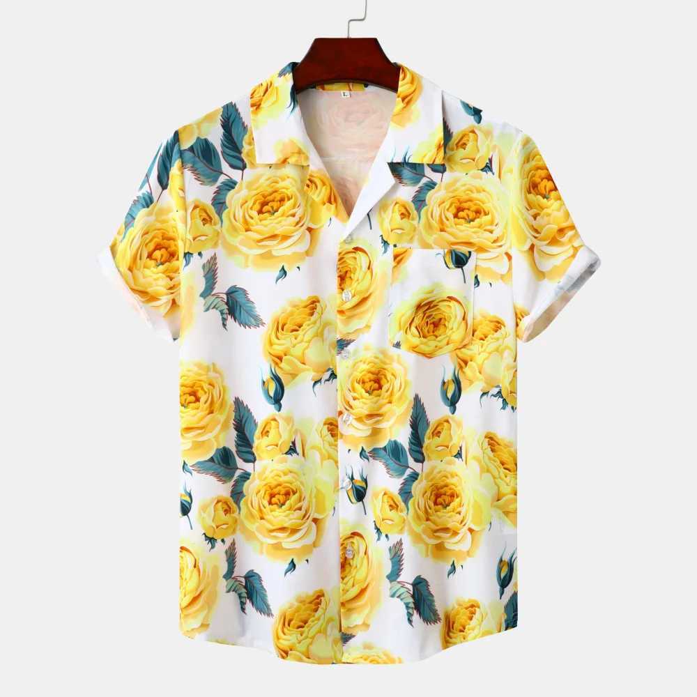 Camisas casuais masculinas team amarelo amarelo estampa floral camisa havaiana Homem 2023 verão nova manga curta praia aloha camisetas homens roupas férias de férias 240424