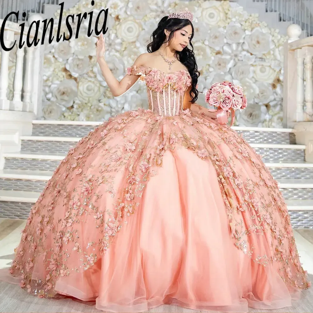 Blush Pink Off the Shoulder Ruffles Ball Gown Quinceanera Dresses 3D Flowers Sequined Lace Corset Sweet 15 Vestido