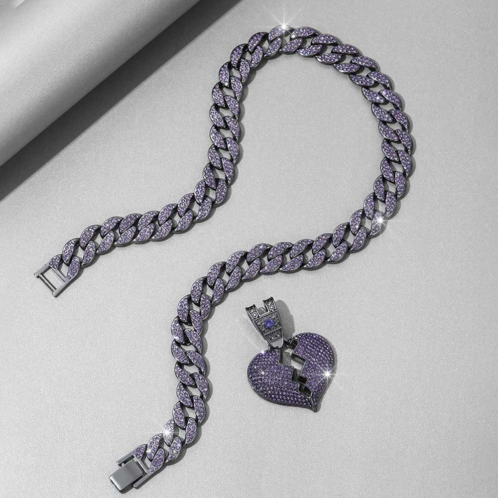 Strängar 2023 Populära herrar Hip Hop Purple Love Pendant Halsband 16mm kubansk kedja Ice Sparkling Halsband Fashion Smycken gåvor 240424