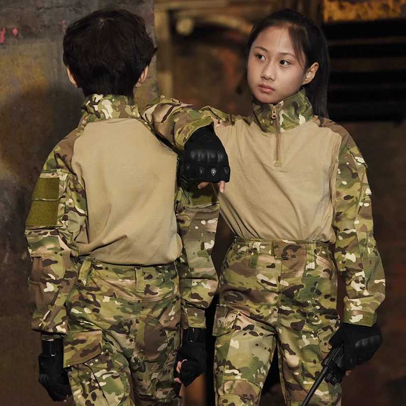 Taktiska T-shirts Childrens Camouflage Training Suit Hunting Tactical Shirt Belt Cushion CS Field Hunting Military Combat Suit 240426