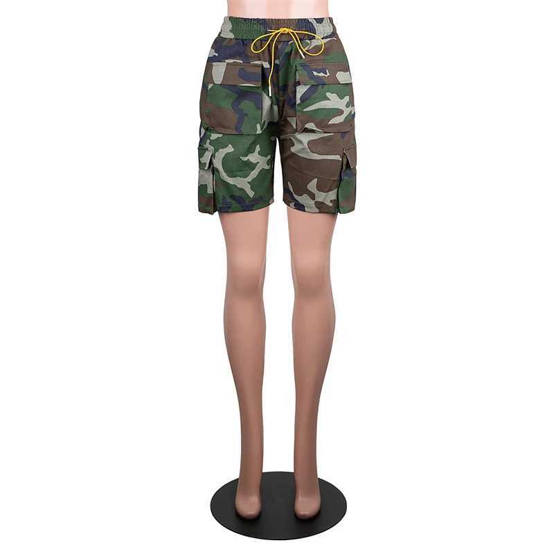 Women's Shorts Camouflage Cargo Shorts Women Summer Multi Pockets Elastic High Waist Lace Up Loose Casual Strt Mid Pants Camo Baggy Trousers Y240425