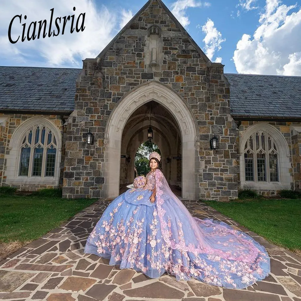 Lilas quinceanera robes robes de bal sur l'épaule 3d fleurs de rose gonfy sweet 16 robes célébrités robes de fête graduation