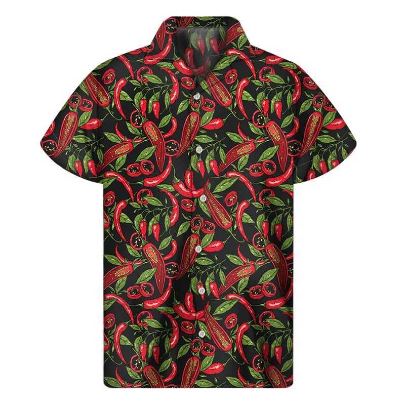 Camisas casuais masculinas Camisa de padrão de pimenta colorida para homens impressão 3D Pimenta havaiana Botão de verão Botão de manga curta