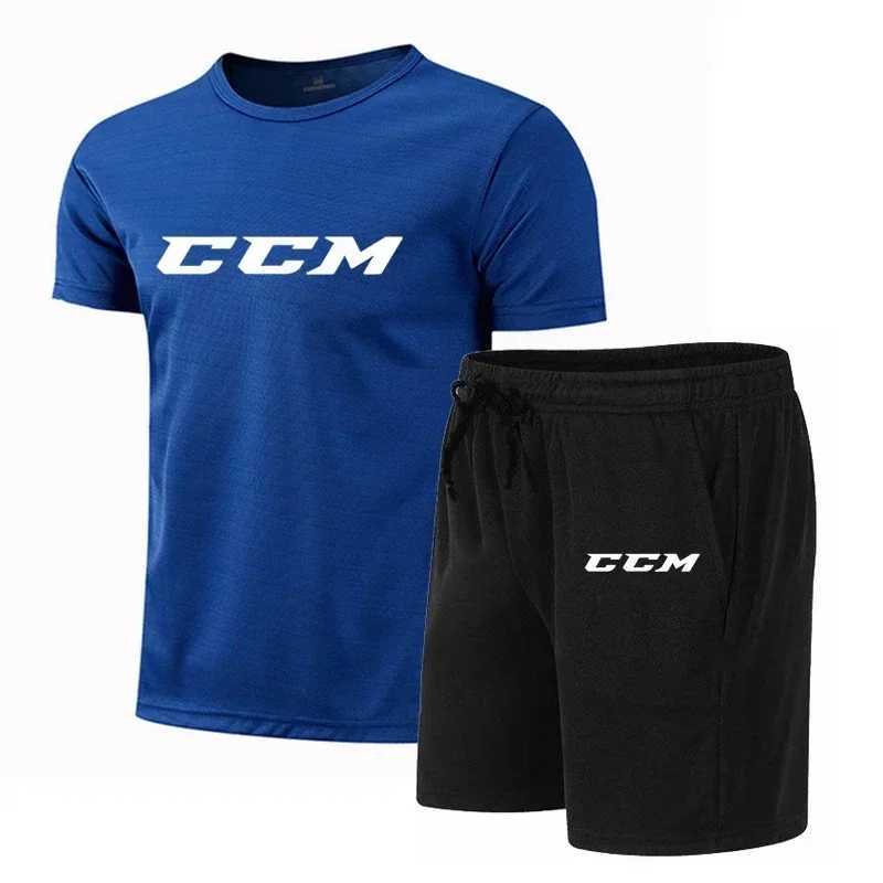 Męskie dresy letnie męskie fitness moda męska swoboda odzieży sportowej szybkie suszenie odzież sportowa ccm krótkie rękawowe T-shirt+2-częściowy zestaw z krótkim rękawem J240426