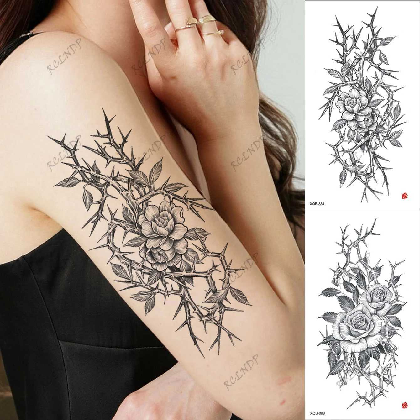 Transfer tatuaggi 2 pezzi impermeabili di adesivi da tatuaggio temporaneo che disegna fiori e spine tatto finto flash tatoo cosce di braccia tatuate donne 240426