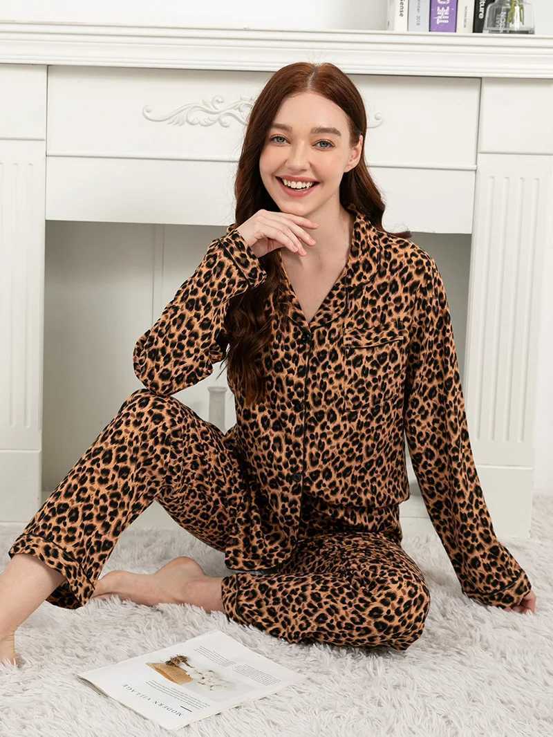 Kobietowa odzież sutowa plus size S-3xl Lopard Print wisurki piżamowe dla kobiet długie slpwear w stylu slpwear pijamas y240426