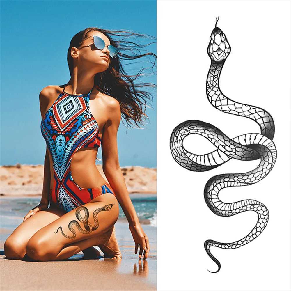 Tatuagem Transferência 2023 Novos adesivos de tatuagem de cobra Maré escura Flor Flor Snake Skull Tattoo Stickers para mangas de braço de arte corporal Flores de cobra 240427