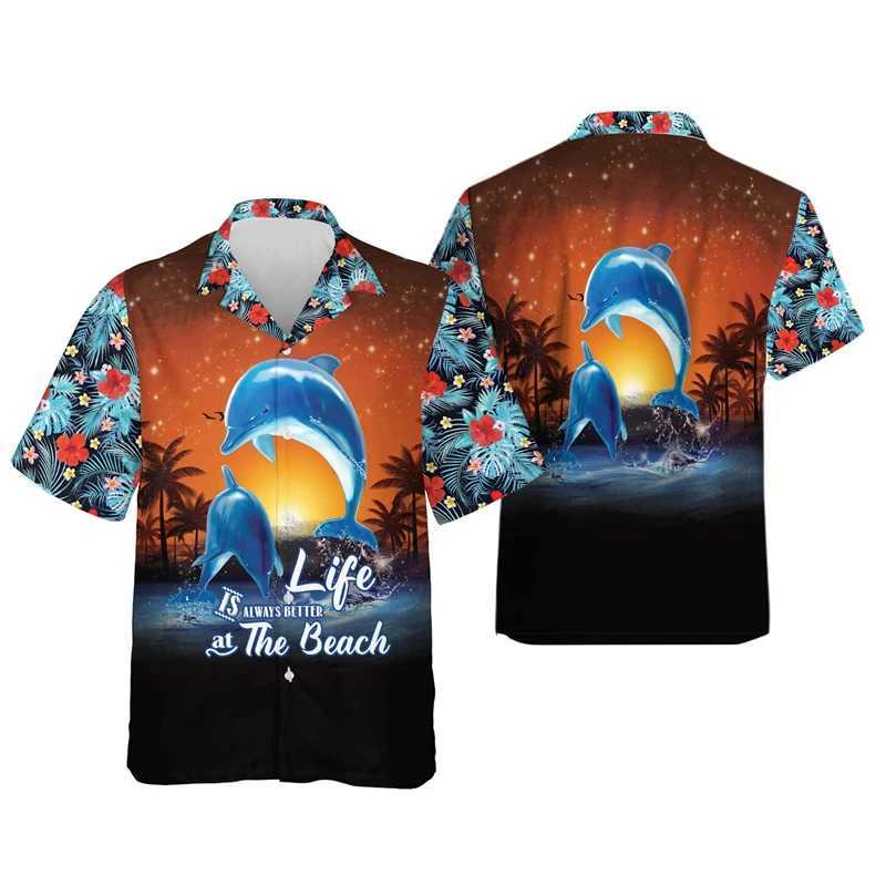 Camisas casuais masculinas Harajuku Dolphin camisas gráficas para homens camisa de praia havaiana casual aloha desenho oceano animal mulheres blusas y2k boy butts 240424