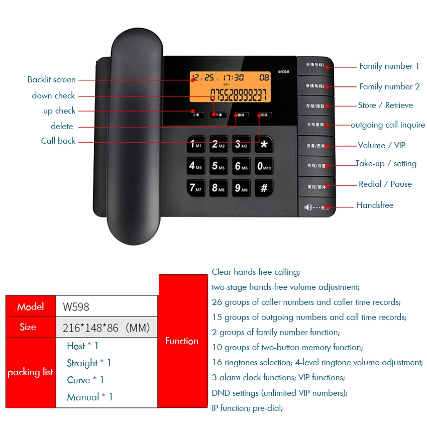 Tillbehörsladdad telefon Telefon Arturt med högtalartelefoner ID Justerbar volym LCD -ljusstyrka Klocka för Office Home Hotel