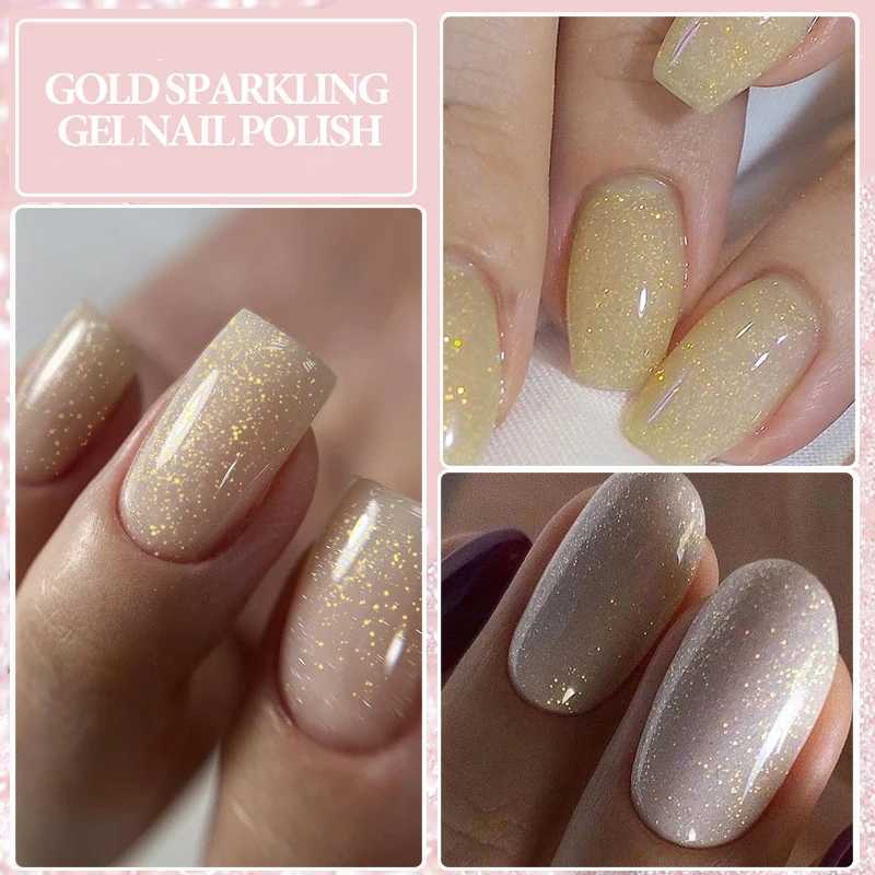 Nagellacklilycute Gold Aurora Glitter Gel Nagellack Frühling Nackt Farbe langlebig Französisch für Maniküre Einweichen Nagelkunst UV Gel Lack Y240425