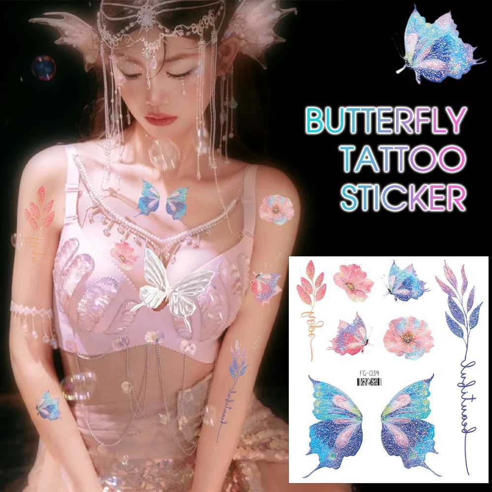 Tatueringsöverföring 3D Glitter Butterfly Wings Tattoo Stickers Temporära vattentäta ögon möter arm Body Art Moon Fake Tattoos Women Festival Makeup 240427