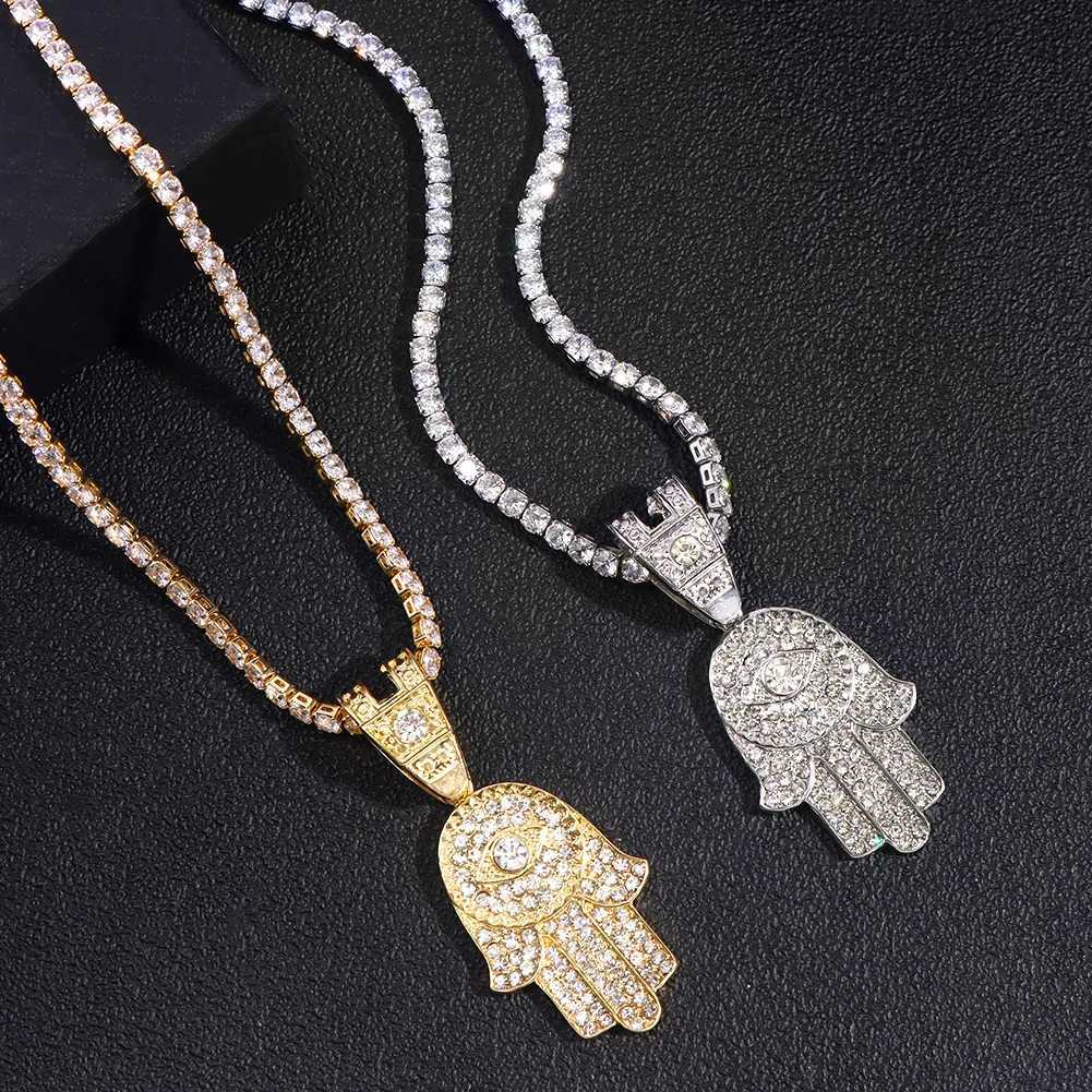 Strands Shining Crystal Hamsa Calcola cattiva Citana zircone a pendente adatto donne La collana cubana a catena cubana Mens Punk Hip Hop Jewelry 240424