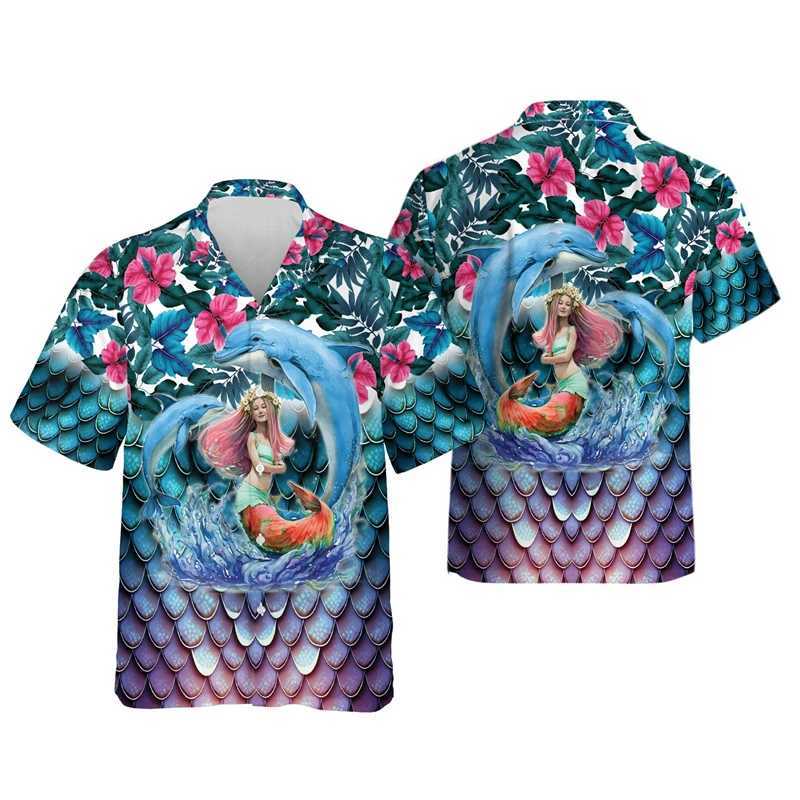 1WE1 Men's Casual Shirts Harajuku Fashion Dolphin Graphic Shirts For Men Clothes Casual Hawaiian Beach Shirt Aloha Cartoon Ocean Animal Blouses Lapel Top 240424