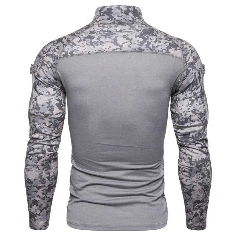 Taktiska T-shirts Mens Camouflage Long Sleeved T-shirt Slim Fit Casual dragkedja Stand Up Collar Elastic Outdoor Fitness Shirt Militär Taktisk skjorta 240426