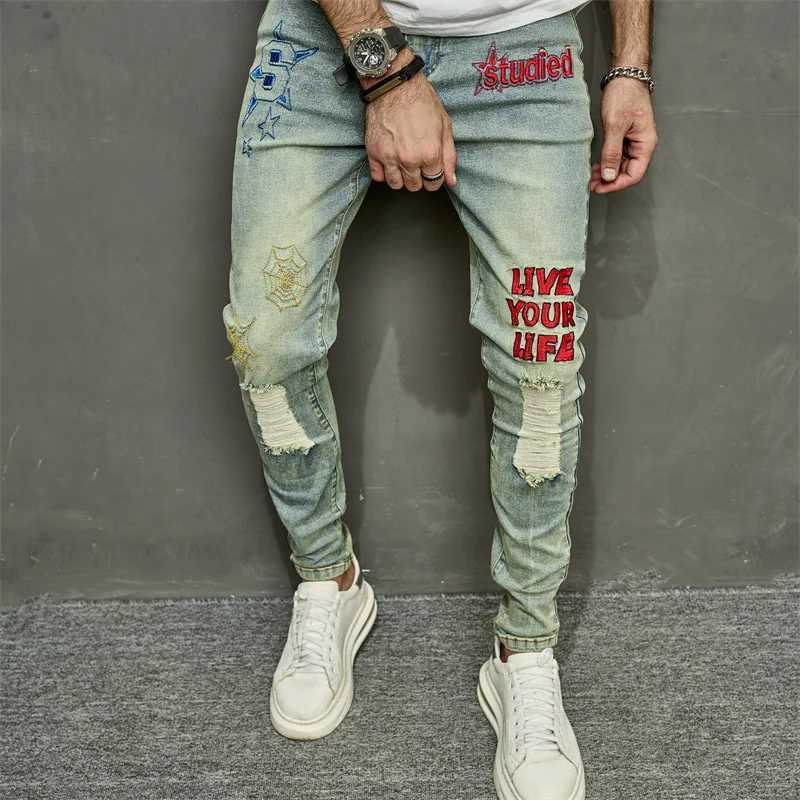 Herren Jeans Herren Retro -Stil Stickerei Tränenhip Hop Ultra dünner Bleistift Jeans Herren Elastic Hole Casual Jeans Troussersl2404