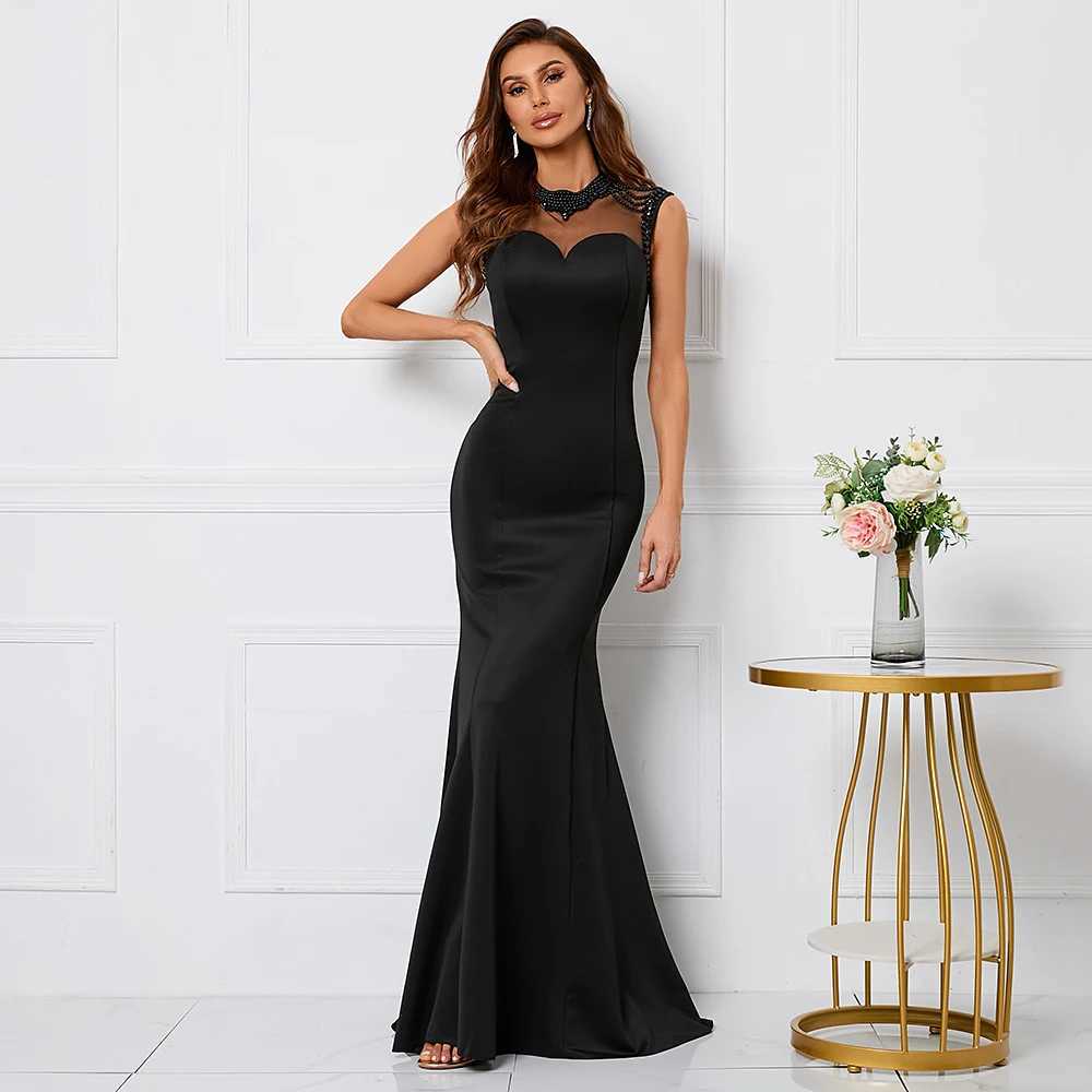 Runway Dresses Yidingzs Black Soft Satin Appliques Beading Long Evening Dress Elegant Party Maxi Dress Long Bridesmaid Dress Y240426