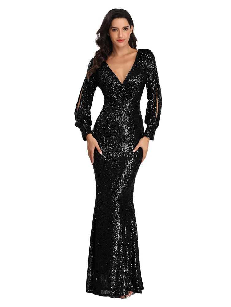 Runway Dresses Ladies Party Evening Dress Long Slve V Neck Sequin Mermaid Group Evening Dress Kvinnlig personlig SLVE Design Stage Catwalk Y240426