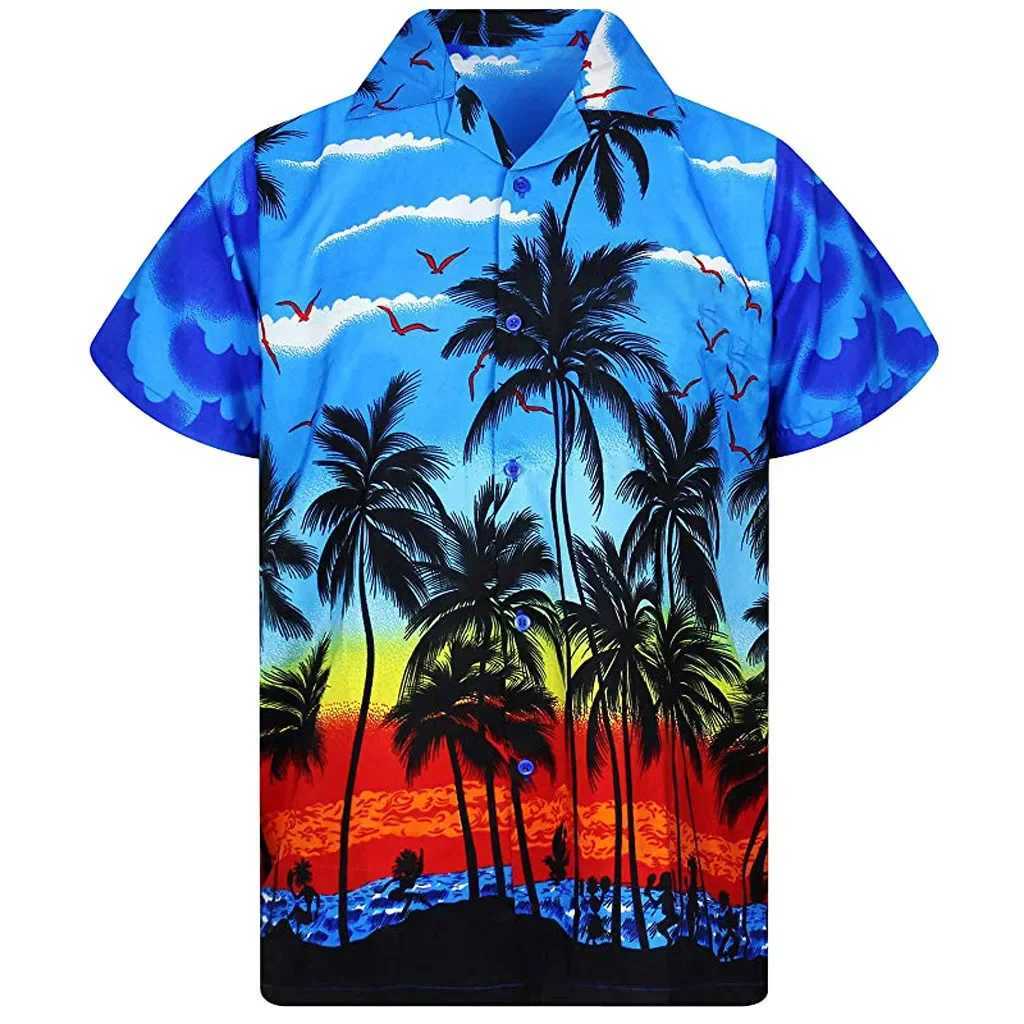 Men's Casual Shirts Summer Colorful coconut tree 3dPrinted Hawaiian Shirts Men Women Fashion Shirt Social Beach Short Sleeve Mens Aloha Vocation 240424