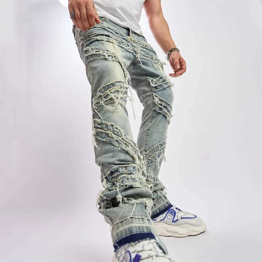 Jeans masculin mens vintage lâches de larmes de larme jeans mens solide décontracté denim droit denim trantsl2404