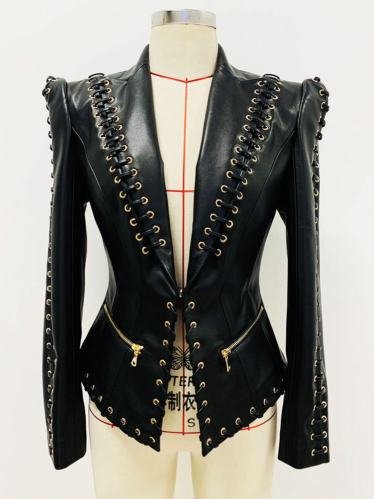 417 xxl 2024 Milan pist ceket ilkbahar yaz markası aynı stil ceket yaka boyun siyah pu yüksek kalite uzun kollu katı kadın giysiler moda oulairii