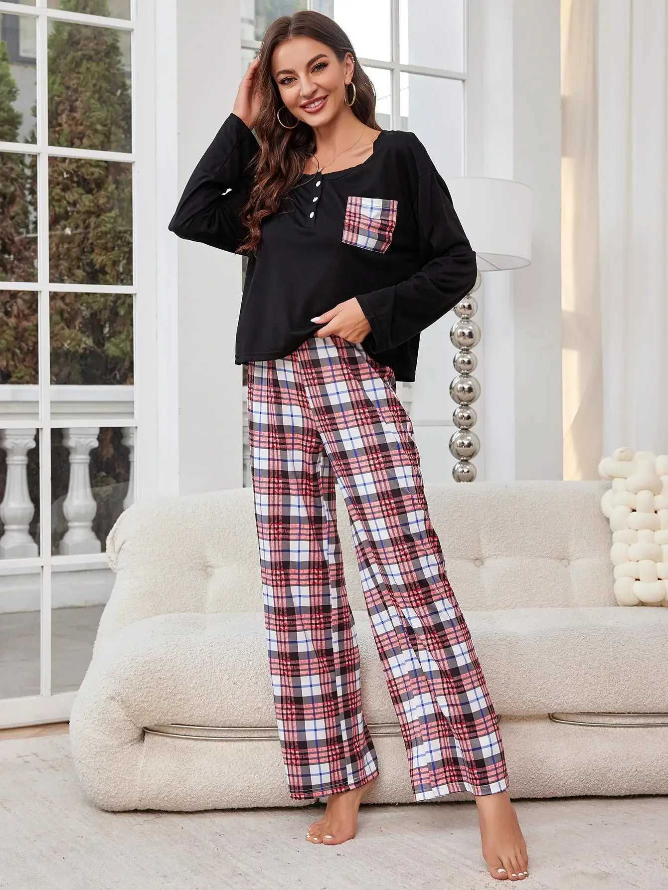 Kobietowa odzież sutowa z przodu przycisk Kobiety Pajama Zestawy Paja Piżama Scves Szyjka górna Pełna długość Plaid Pants Kobieta 2 sztuki SLPEAR na sprężynowy jesień Y240426