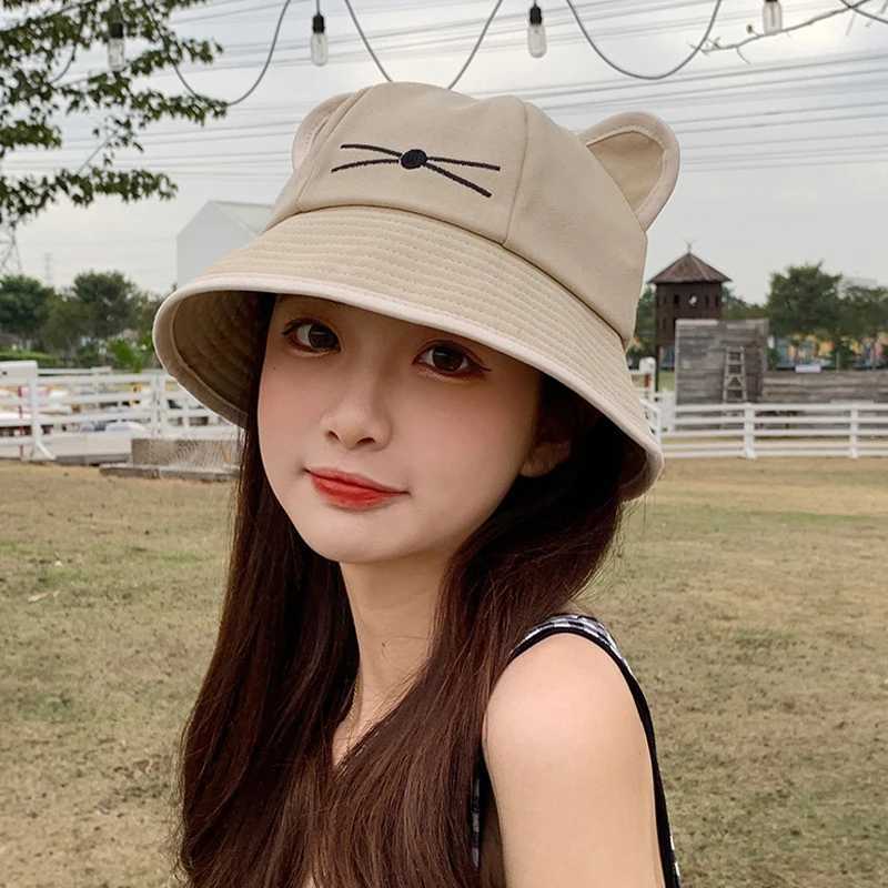 Wide Brim Hats Bucket Hats Korean cartoon cat ear womens bucket hat spring and summer Kawaii beach tourism sun shading hat wide Brim pure cotton Panama hat 240424