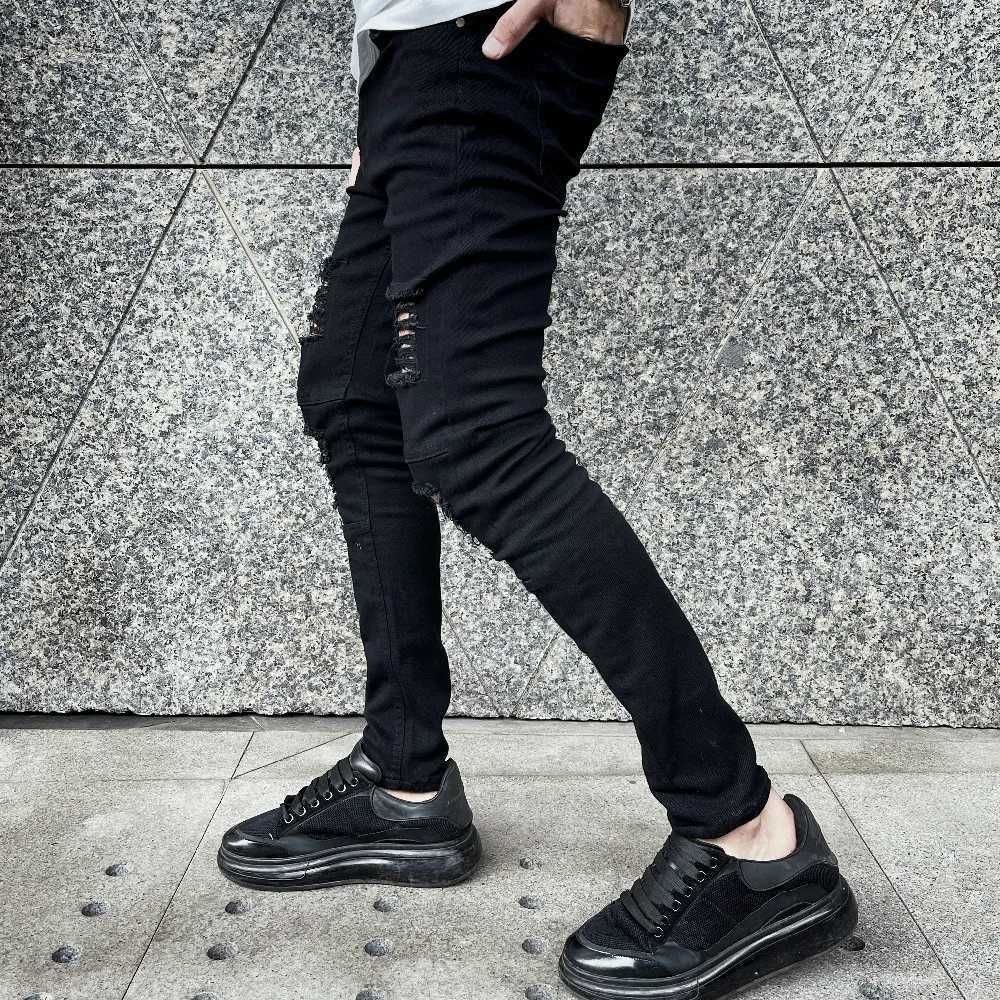 Men's Jeans Mens New Street Hip Hop Style Tear Tight Pencil Jeans Mens Fashion Slim Fit Hole Casual JeansL2404