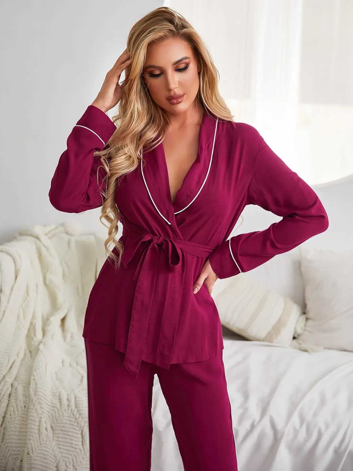 Women's Sleepwear Solid Women Pajama Set Wrap V Neck Long Slves Waist Belt Top Long Pants Slpwear Female Nightwear Homwear Cloth Y240426