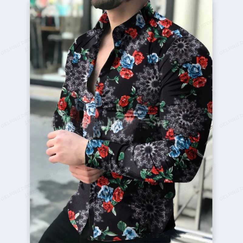 Camicie casual da uomo camicie hawaiane a maniche lunghe camicia di moda camicette floreali camicetta cuba spiaggia girare le camicie floreali di camisa del colletto abbottonato 240424