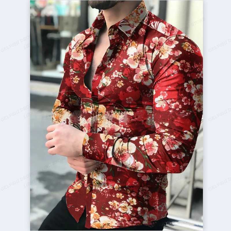 Camicie casual da uomo camicie hawaiane a maniche lunghe camicia di moda camicette floreali camicetta cuba spiaggia girare le camicie floreali di camisa del colletto abbottonato 240424