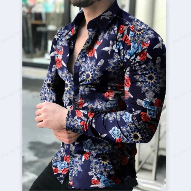 Camicie casual da uomo camicie hawaiane a maniche lunghe camicia di moda camicette floreali camicetta cuba spiaggia girare le camicie floreali di camisa del colletto abbottonato 240424