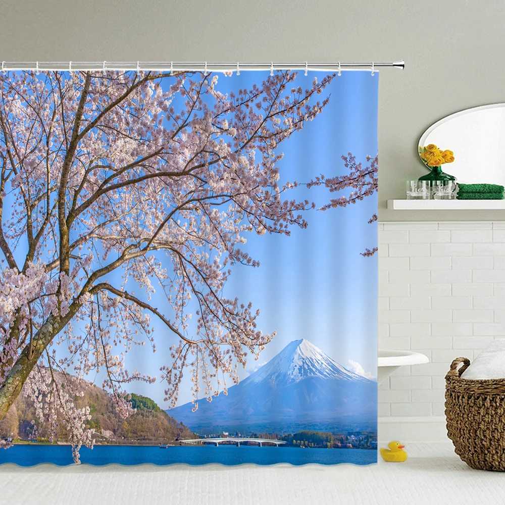 Rideaux de douche rideaux de douche lavables Fuji Mountain Cherry Blossoms paysage 3D Tabillard imperméable Salle de bain Grand 240x180 Curtain de douche imprimé 240x180
