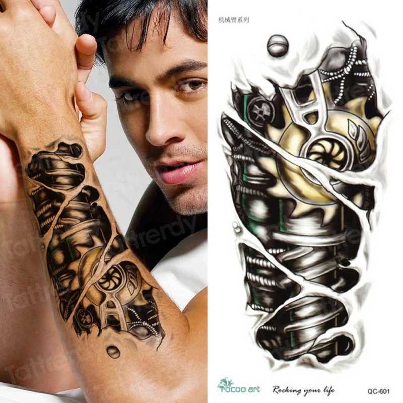 Tatueringsöverföring svart stilig 3d nya mans halv ärm arm tillfällig totem tatuering klistermärken mekaniska kroppskonst tatoos för pojkar mens armband 240427