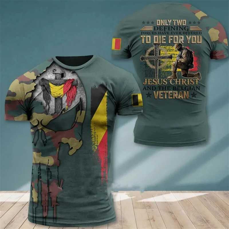 Tactical T-shirts Belgian flag army camouflage graphic T-shirt Belgian veteran military camouflage 3D printed T-shirt casual street clothing soldier top 240426