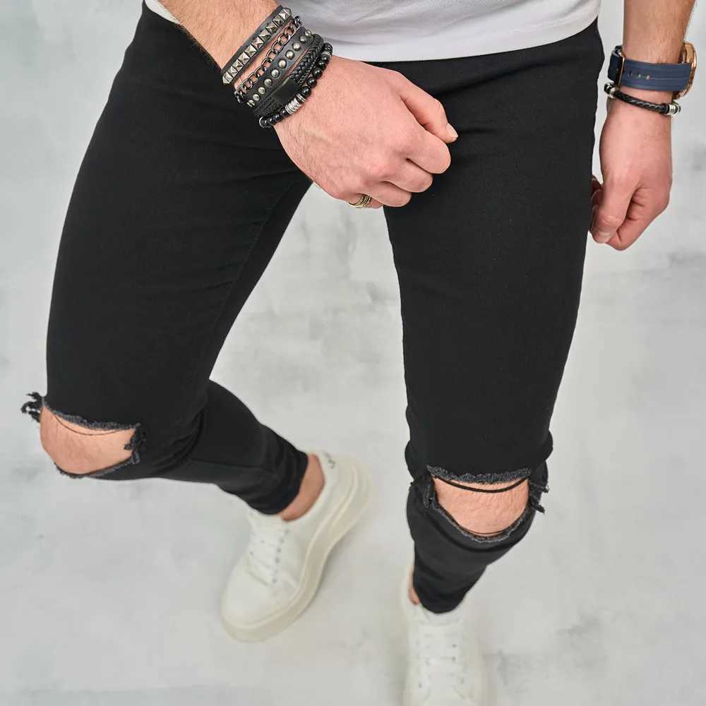 Men's Jeans Fashionable hip-hop mens knee tear tight pencil jeans mens stockings mens jeansL2404