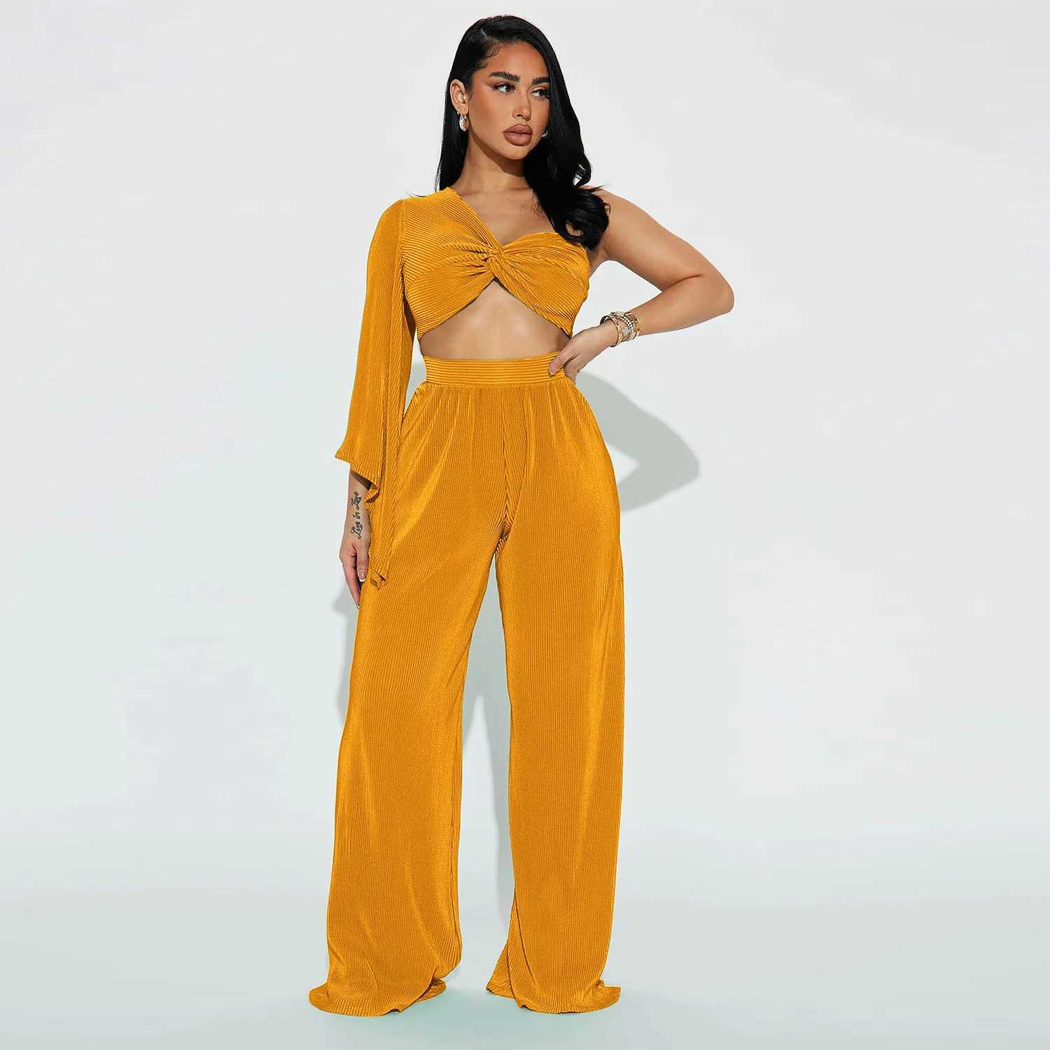 Women's Two Piece Pants Autumn Sexy Pleated Two Piece Set Women Fashion Solid Off Shoulder Single Slve Top Wide Leg Pants Two Piece Set Women Y240426