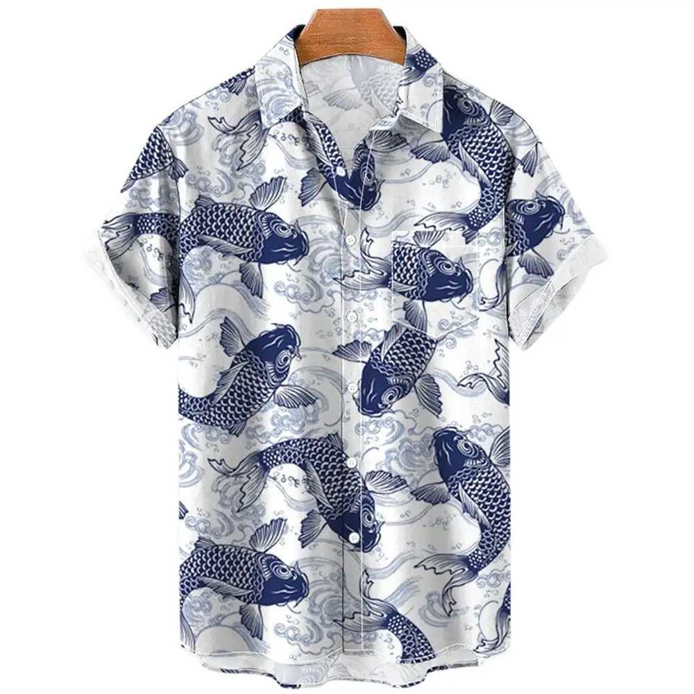 Camicie casual maschile koi stampato camicie estive da uomo abbottonate fortunato camicie da spiaggia hawaian harajuku moda oversize unisex vestiti unisex 240424