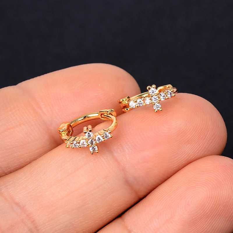 Stud Korean einfache Piercing Cross Flower Hoops Huggie Ohrringe Ringe Kleine Geometrie runde Strasssteine Goldfarbe Ohrringe Geschenk